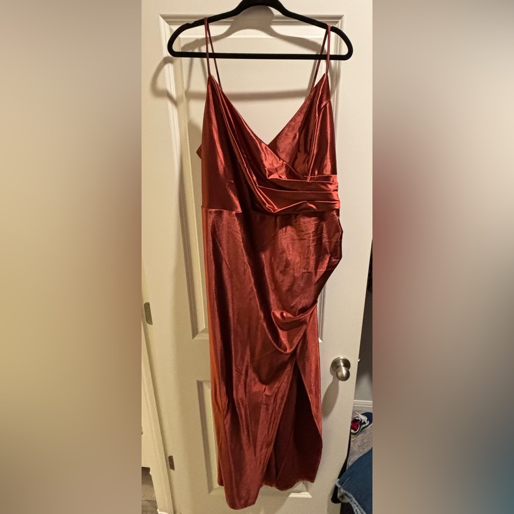 Silky, stretchy copper dress for formal event